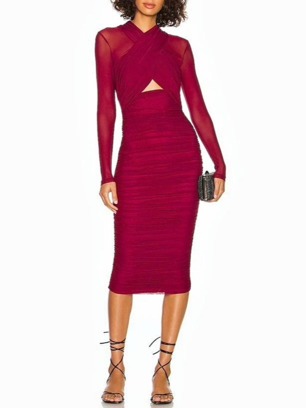 Bardot Aliyah Dress in Burgundy Ruched Long Sleeve Mesh Red Size L Revolve